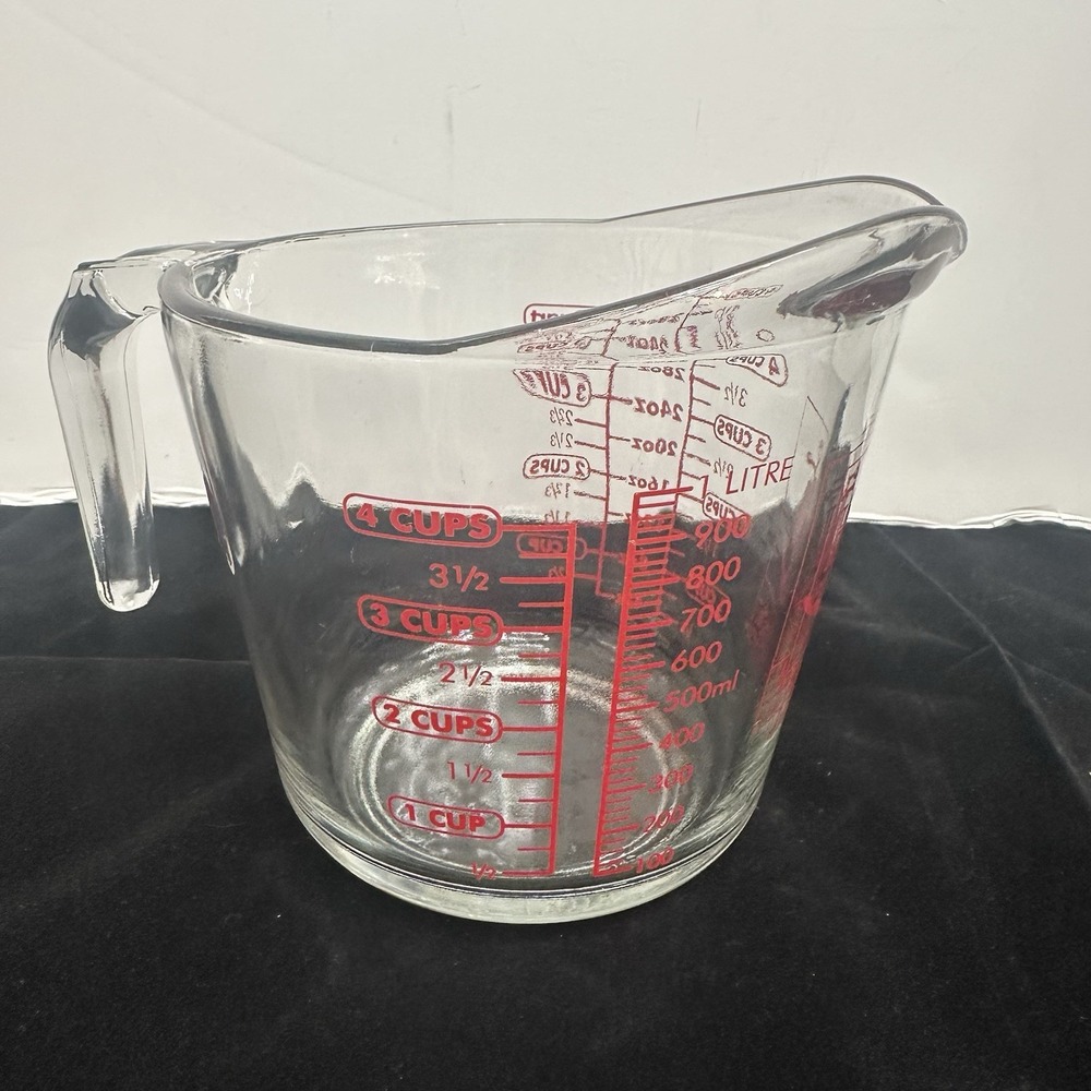 ANCHOR HOCKING Open Handle 4-Cup Large Red Lettering Glass Measuring Cup USA